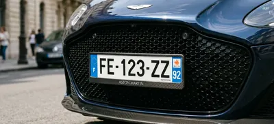 Plaque AB-123-CD à l'arrière d'une berline blanche